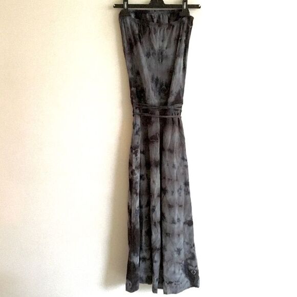 GYPSY 05 silk tie-Dye boho strapless maxi dress blue grey M - Picture 5 of 8